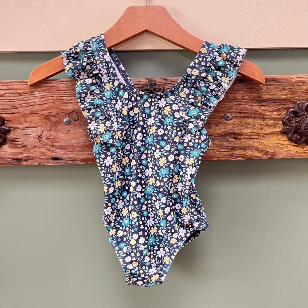 Polarn O. Pyret Floral Ruffle One Piece Swimsuit Navy Teal Yellow Kids 1-2 Years